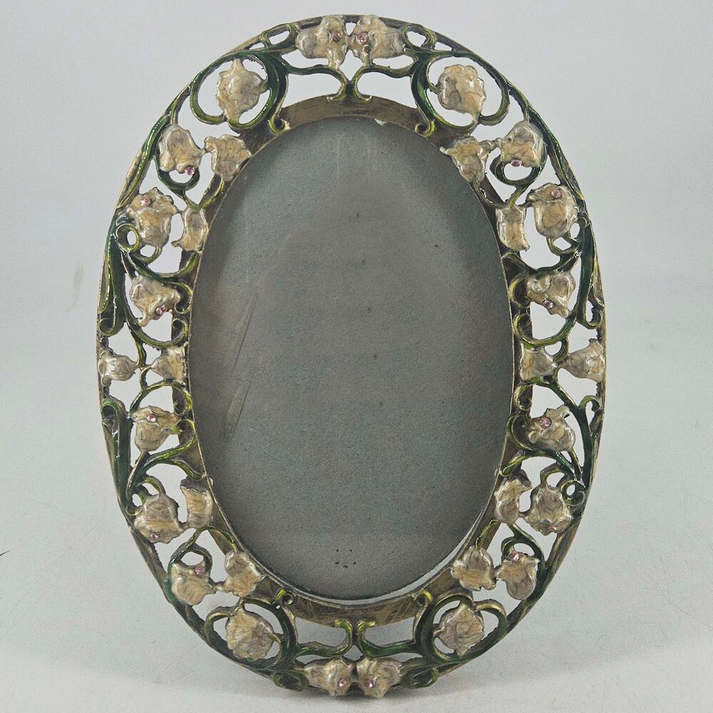 Lilly of the Valley Enamel Jeweled oval Picture Frame Genuine Crystal